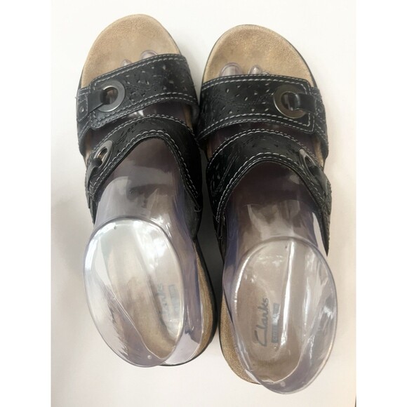 Clarks Collection Lexi Laurel Size 8 W E Wide Sandals Wedge Black Comfort Strap - Picture 3 of 6
